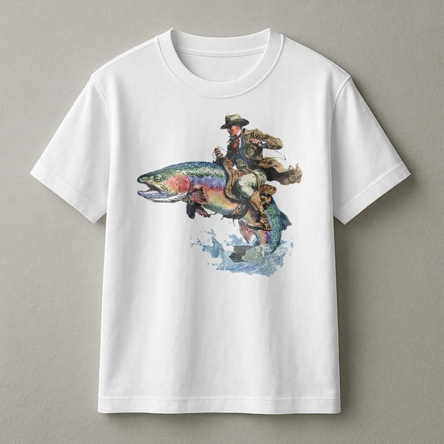 Cowboy Riding Trout T-Shirt | Vintage Western Fishing Graphic | Premium Cotton Blend | Funny Gift for Fisherman Angler