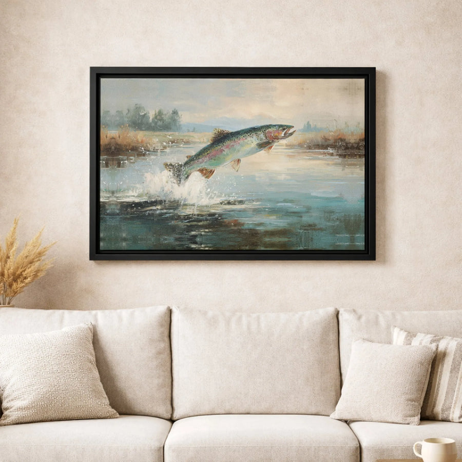 Jumping Rainbow Trout Canvas Wall Art | Impressionist River Fishing Decor | Premium Gallery Wrap Print | Nature Gift for Anglers and Lodge