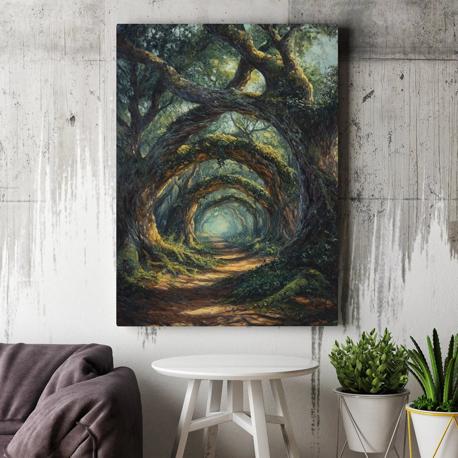Enchanted Forest Path Vertical Canvas | Fantasy Woodland Wall Art with Ancient Tree Tunnel Painting | Premium Gallery Wrapped Print | Nature Lover Gift
