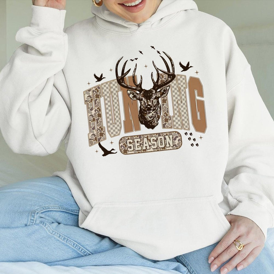 Hunting Season Hoodie | Retro Deer Head Graphic with Camo Print | Premium Cotton-Blend | Gift for Hunters and Outdoorsmen