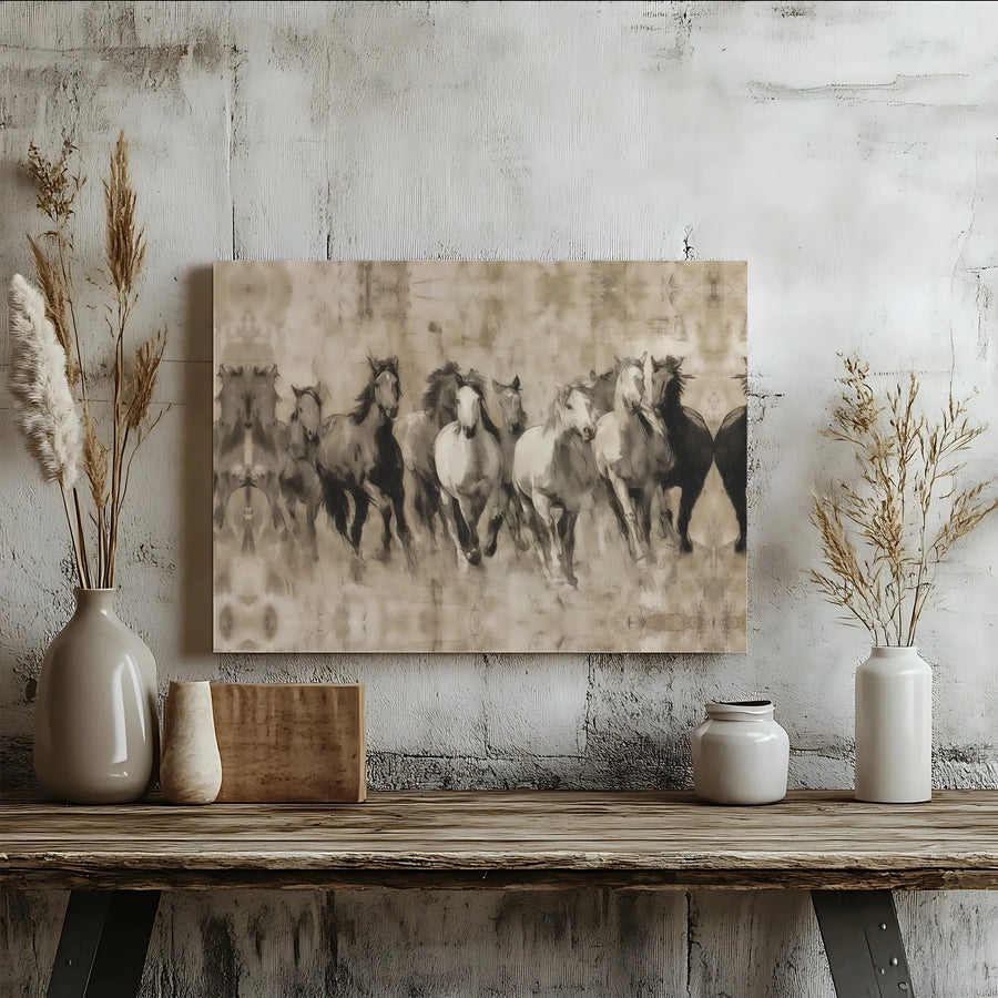 Running Horse Canvas Wall Art | Sepia Tone Wild Equine Herd | 1.25" Gallery Wrap Premium Print | Rustic Western Home Office Decor Gift