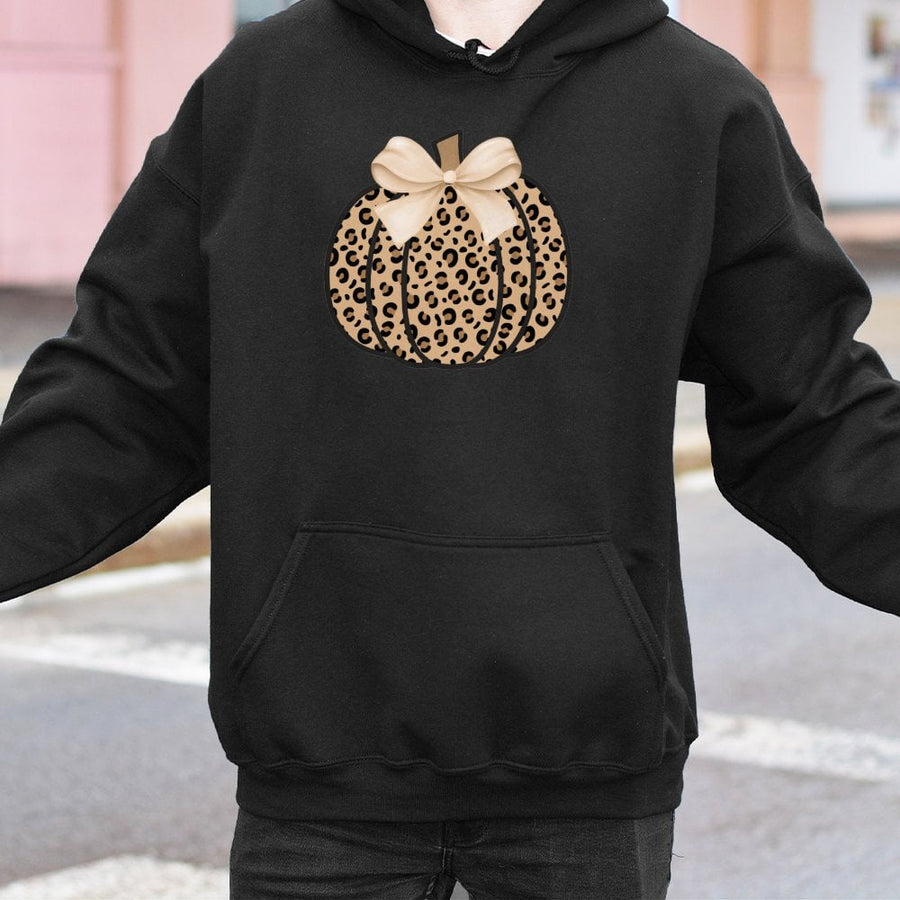 Leopard Pumpkin Hoodie | Coquette Bow Fall Aesthetic Graphic | Soft Cotton-Blend Premium Pullover | Autumn Thanksgiving Gift for Her