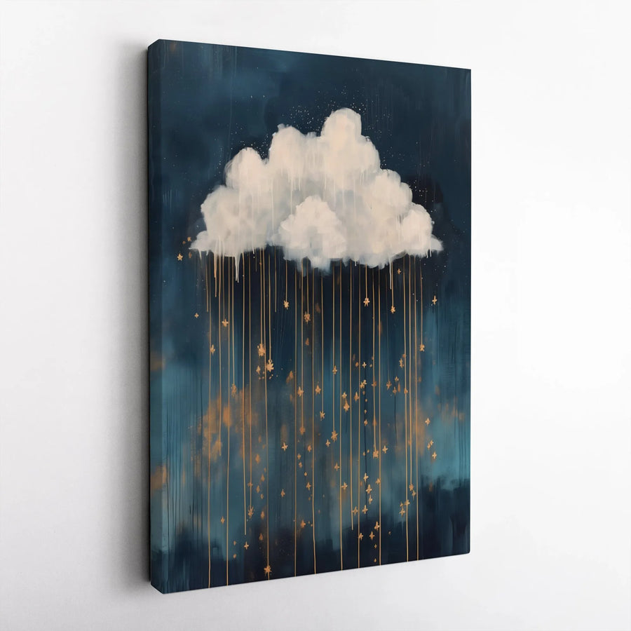 Abstract Raining Stars Canvas Wall Art | Whimsical Cloud with Gold Starry Rain | Premium Gallery Wrapped Canvas | Modern Living Room Decor Gift