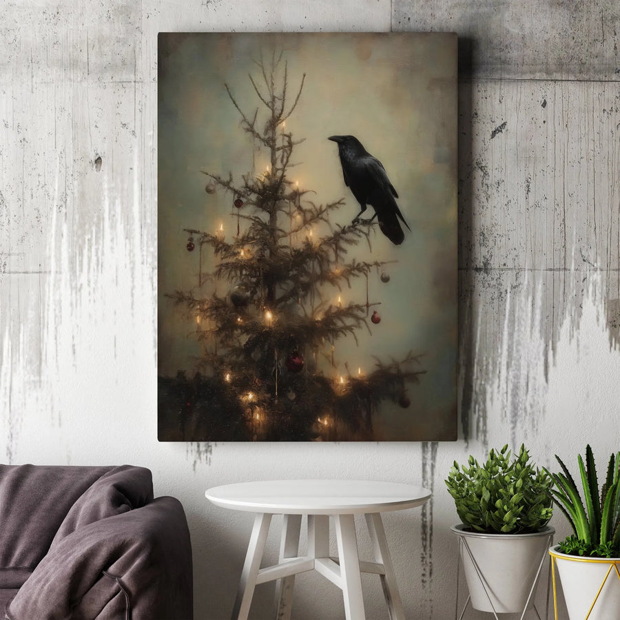Gothic Raven Christmas Tree Wall Art | Moody Dark Academia Holiday Decor | Premium Fade-Resistant Canvas | Unique Winter Home Gift