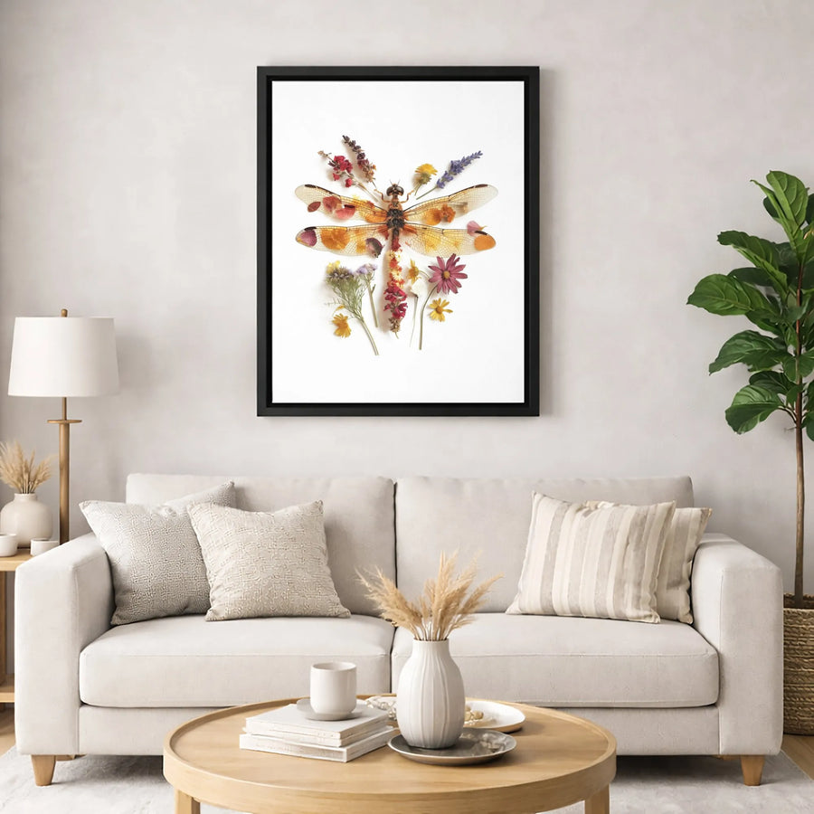 Pressed Flower Dragonfly Canvas Art | Botanical Insect Wall Decor | Premium Gallery-Wrapped Print | Nature-Inspired Home Gift for Nature Lovers
