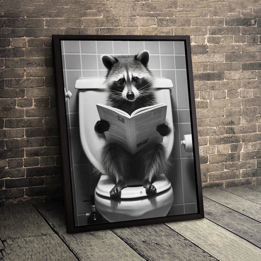 Funny Raccoon Reading Newspaper on Toilet Canvas Art | Whimsical Bathroom Wall Decor | Premium 1.25" Gallery Wrap | Unique Restroom Gift Idea
