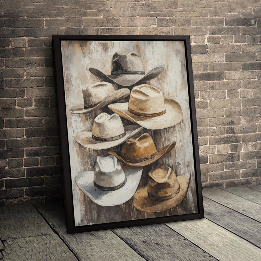 Western Cowboy Hat Canvas Print | Rustic Stacked Hat Wall Art | Premium Gallery Wrapped Decor | Farmhouse Living Room Gift