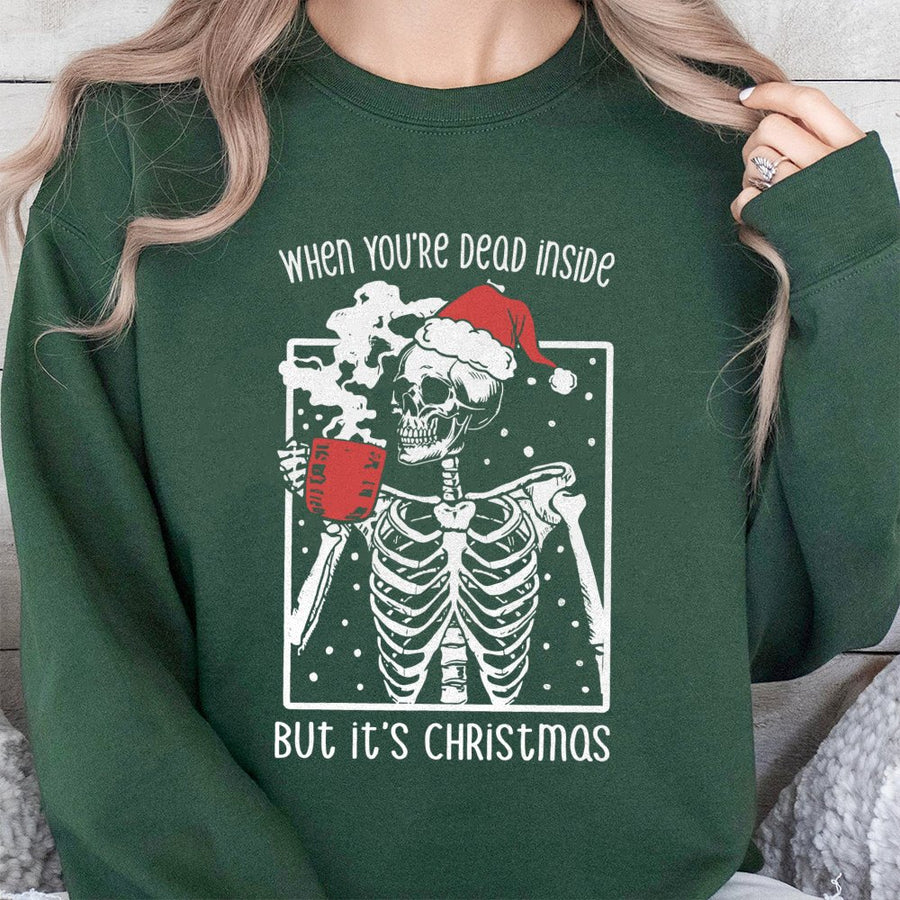 Dead Inside But It's Christmas Sweatshirt | Funny Skeleton Graphic Holiday Jumper | Premium Cotton Blend | Gift For Sarcastic Humor Lovers