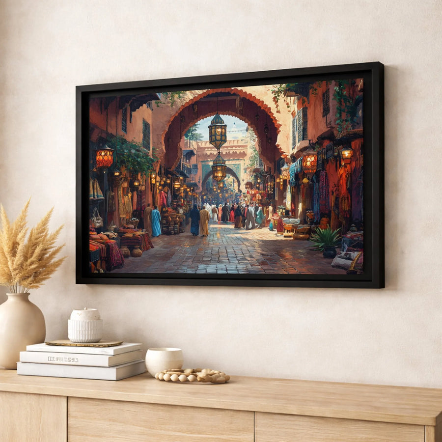 Moroccan Souk Canvas Print | Vibrant Market Scene with Lanterns | Premium 1.25-inch Gallery Wrapped Art | Cultural Home Decor Gift