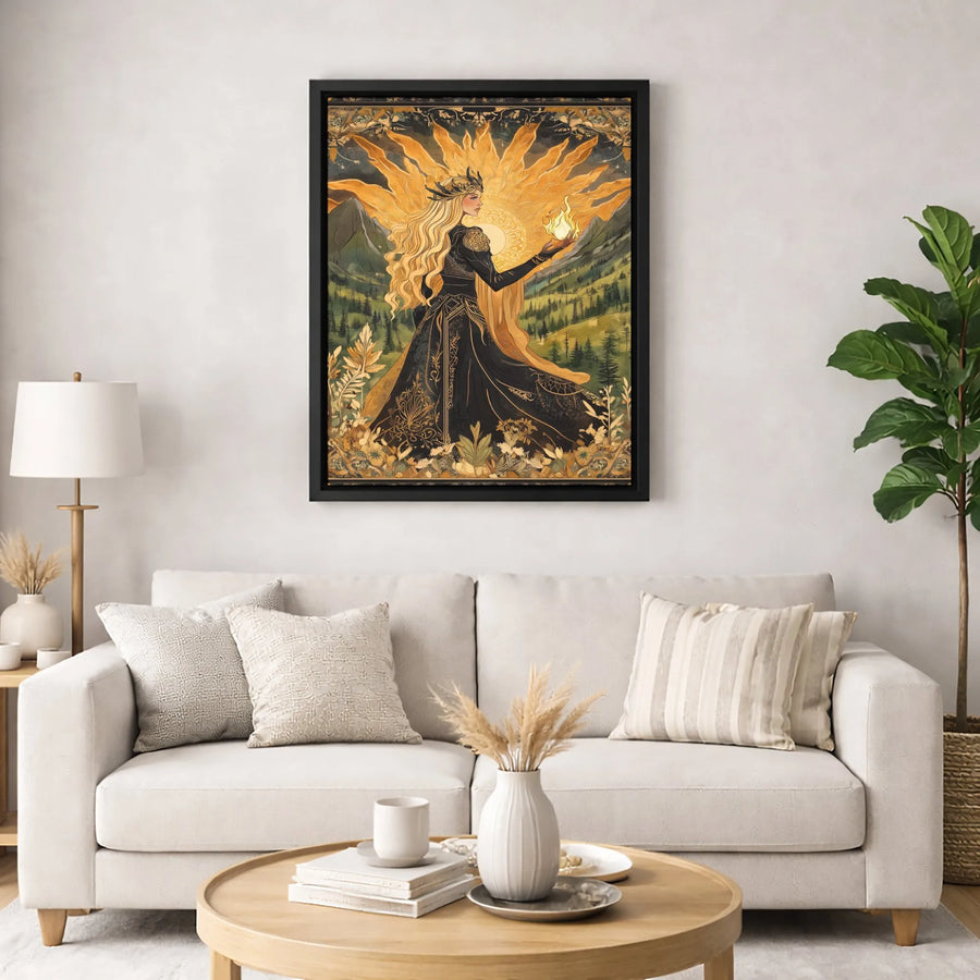 Sun Goddess Fantasy Canvas Wall Art | Art Nouveau Fire Deity Print | 1.25-Inch Premium Gallery Wrap | Mythological Home Decor Gift for Fantasy Lovers