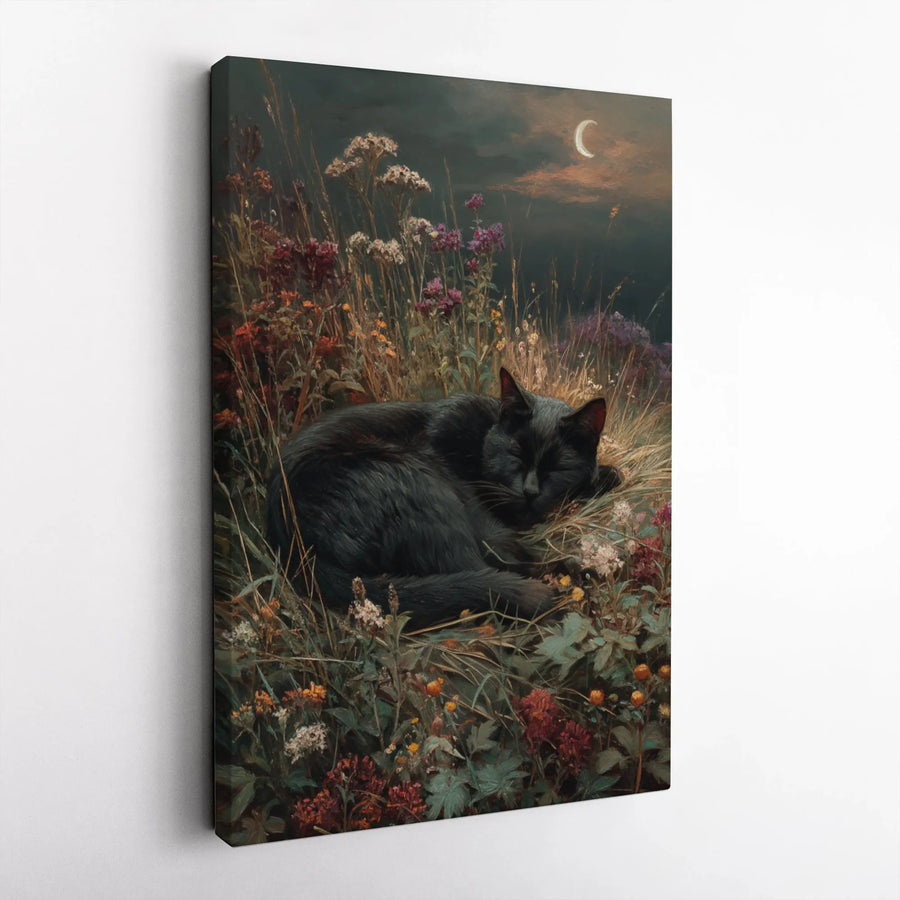 Sleeping Black Cat Canvas Wall Art | Wildflower Meadow Under Crescent Moon | Premium Gallery-Wrapped Print | Whimsical Nature Home Decor Gift