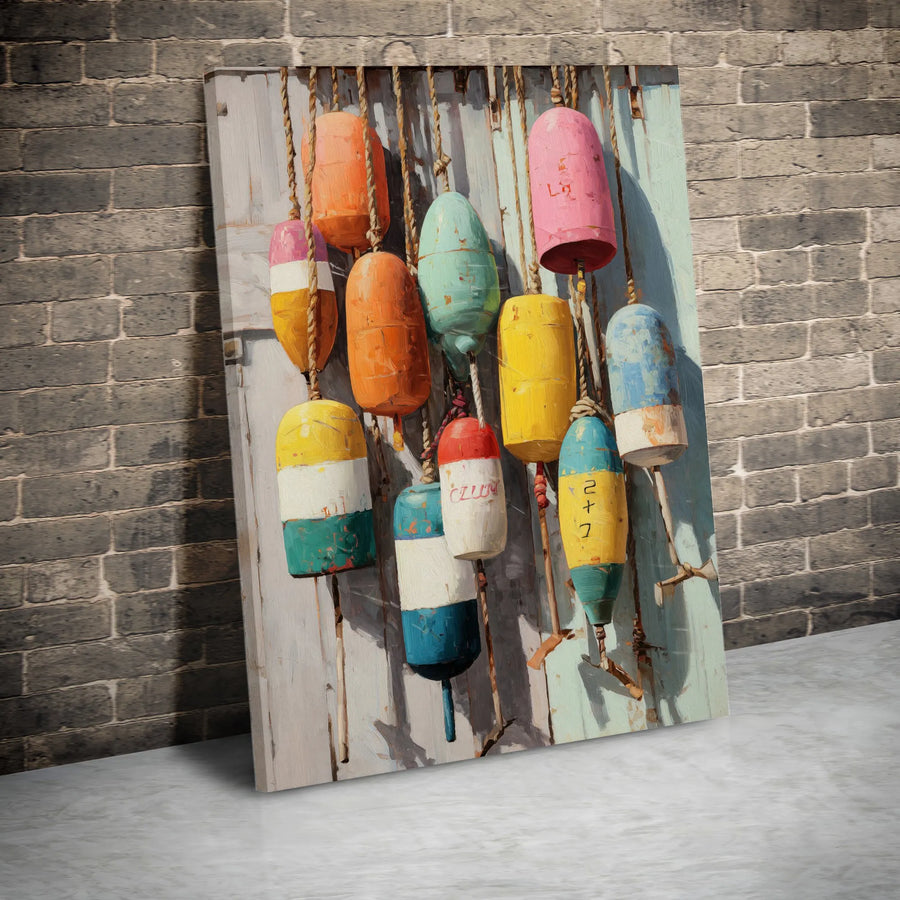 Coastal Buoy Canvas Wall Art | Rustic Nautical Painting Print | Premium Gallery Wrap Canvas | Beach House Decor Gift