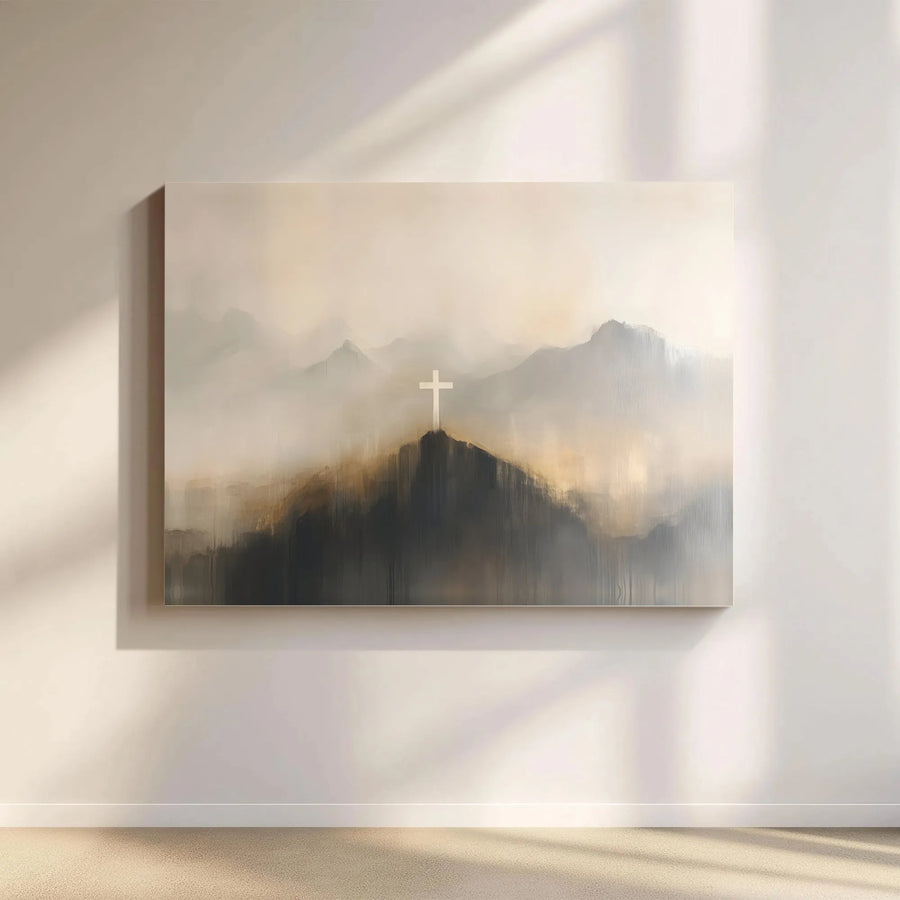 Christian Cross Mountain Canvas Art | Moody Foggy Landscape Print | 1.25 Inch Gallery Wrap | Religious Home Decor Gift for Faithful