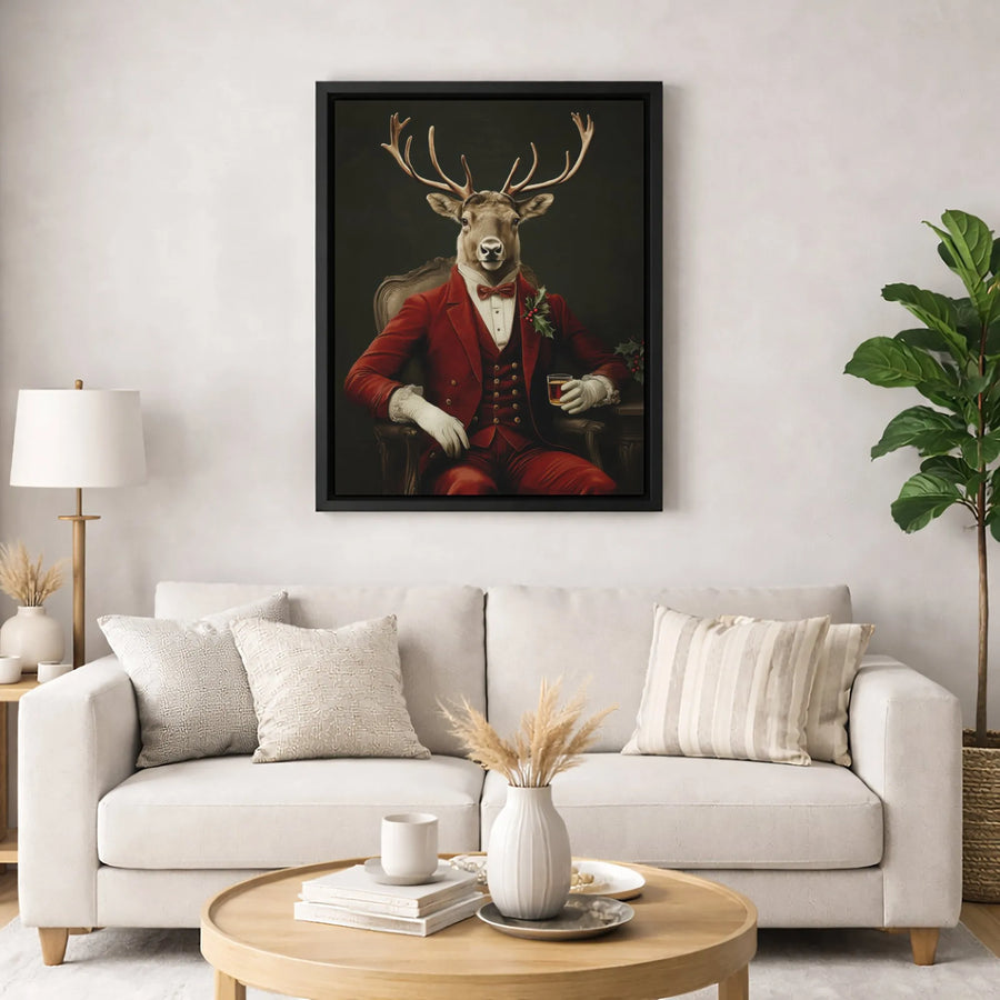 Dapper Reindeer Canvas Art | Gentleman Stag in Red Suit Portrait | Premium Fade-Resistant Gallery Wrap | Unique Christmas Home Decor Wall Gift