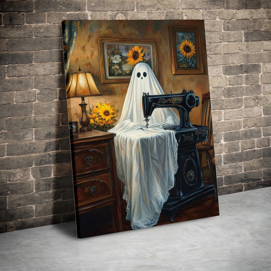 Ghost Sewing Sunflower Painting | Vintage Aesthetic Wall Art | Premium Gallery Wrapped Canvas | Whimsical Spooky Home Decor Gift