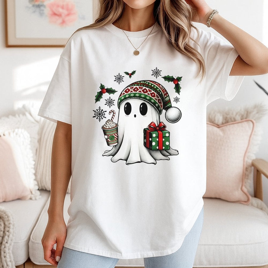 Christmas Ghost T-Shirt | Cute Holiday Spooky Spirit with Gift | 100% Cotton Premium Graphic Tee | Unisex Funny Xmas Gift for Ghost Lovers