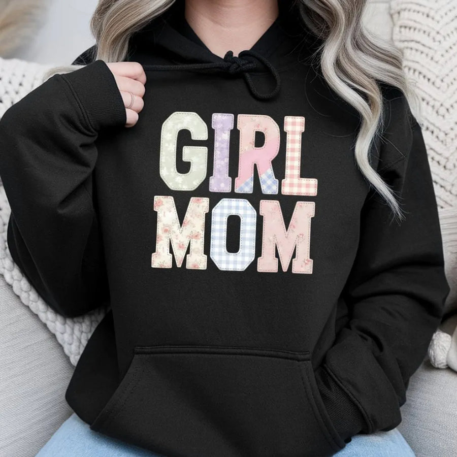 Girl Mom Hoodie | Aesthetic Faux Patchwork Lettering | Soft Cotton Blend | Mother's Day Gift for New Mama