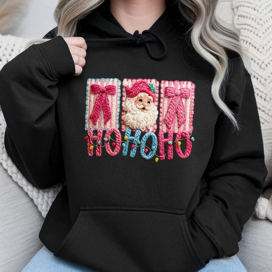 Santa Claus Ho Ho Ho Hoodie | Faux Yarn Christmas Graphic | Soft Premium Cotton Blend | Unisex Holiday Gift for Women and Men