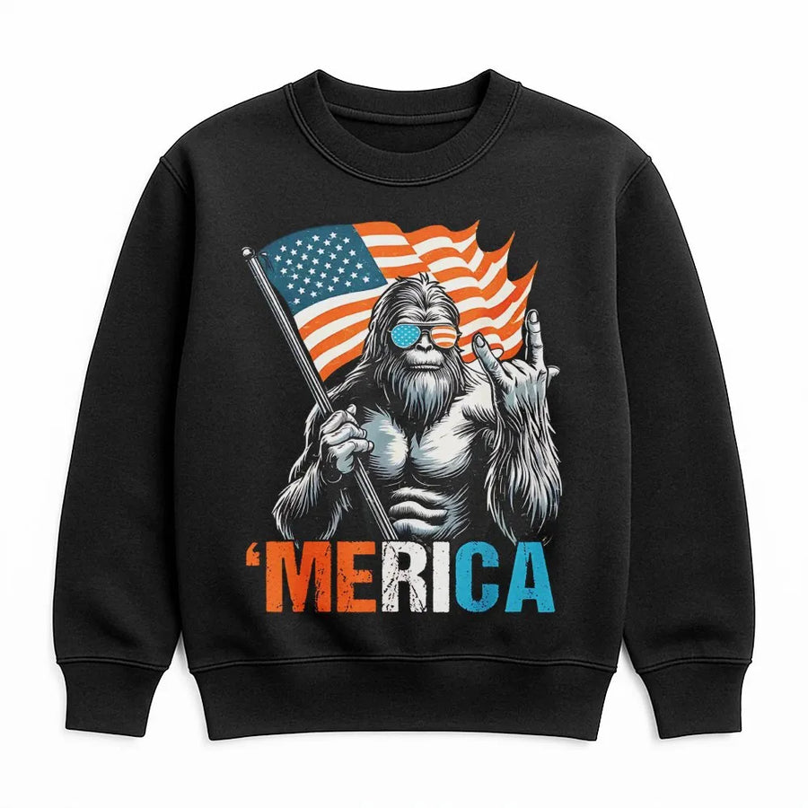 Bigfoot American Flag Sweatshirt | Patriotic Merica Sasquatch Graphic | Soft Cotton-Blend Pullover | Funny Fourth of July Gift for Men and Women
