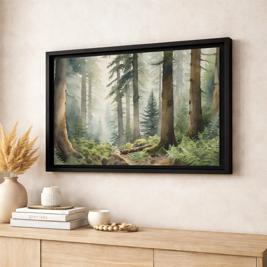 Misty Forest Landscape Canvas Wall Art | Watercolor Pine Tree Nature Print | Premium Gallery-Wrapped Decor | Calming Gift for Home or Office