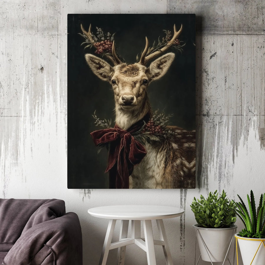 Christmas Deer Wall Art | Vintage Portrait With Red Velvet Bow | Premium Stretched Canvas Print | Holiday Home Decor For Animal Lovers