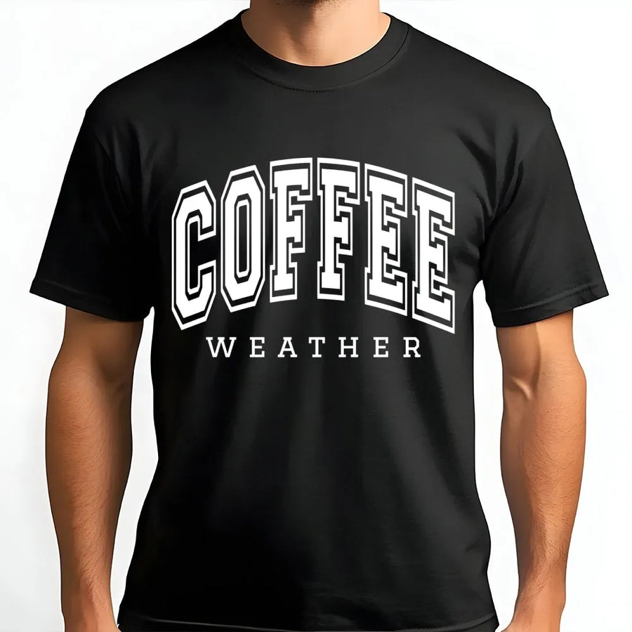 Coffee Weather T-Shirt | Minimalist Varsity Text Design | 100% Soft Cotton Premium Tee | Cute Fall Aesthetic Gift for Coffee Lovers