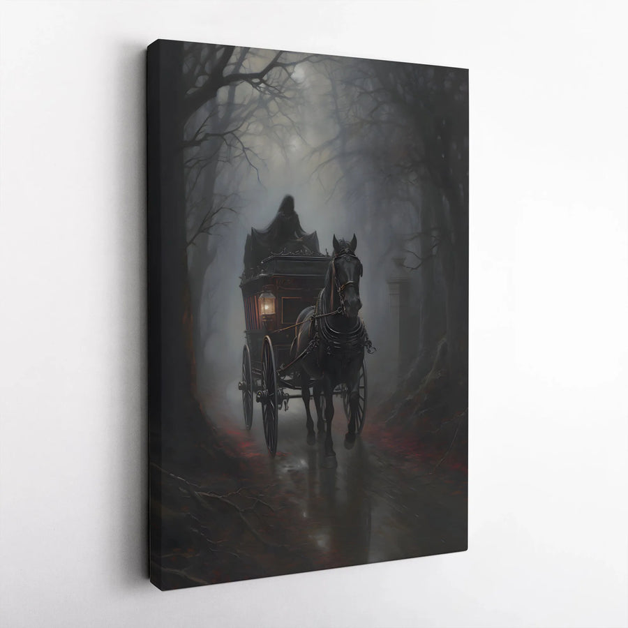 Gothic Grim Reaper Vertical Canvas | Horse Drawn Hearse in Haunted Forest | Premium Canvas Print | Gothic Home Decor Gift
