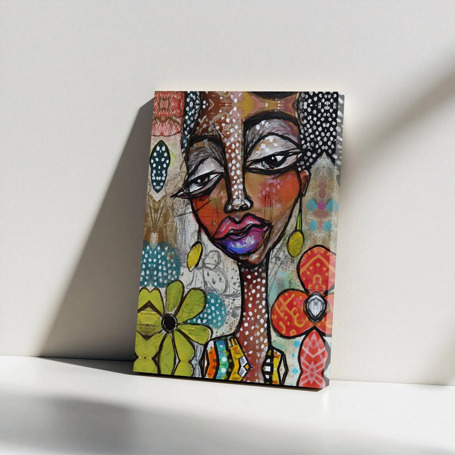 Abstract Black Woman Canvas Print | Colorful Modern Folk Art Portrait | Premium Fade-Resistant Ink | Living Room Wall Decor Gift