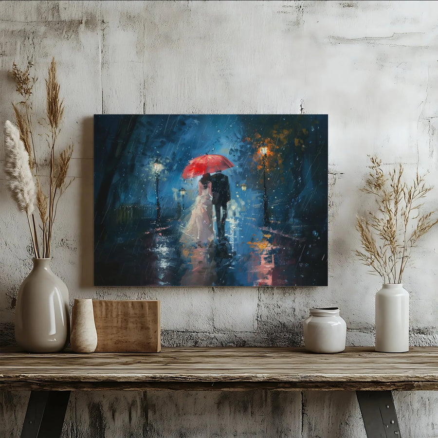 Romantic Couple Canvas Wall Art | Red Umbrella Rain Painting | Premium Gallery Wrap Print | Anniversary Gift for Couples Home Decor