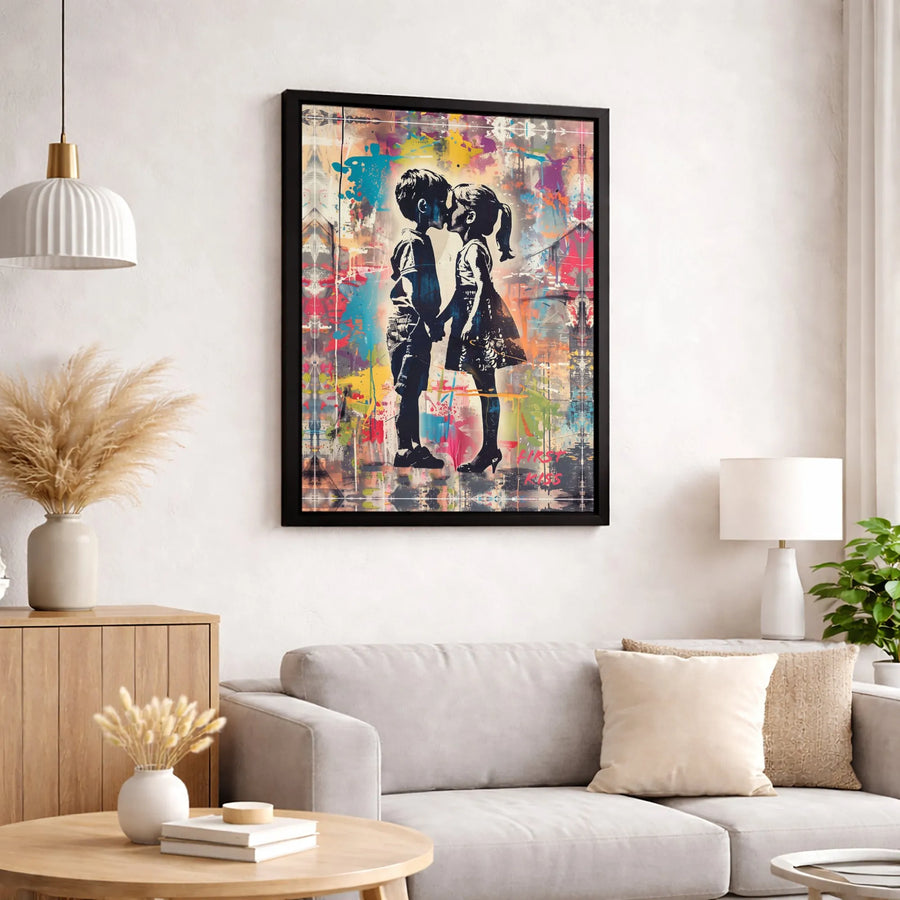 First Kiss Graffiti Canvas Art | Colorful Urban Street Style Print | Premium Gallery-Wrapped Quality | Romantic Wall Decor Gift for Couples