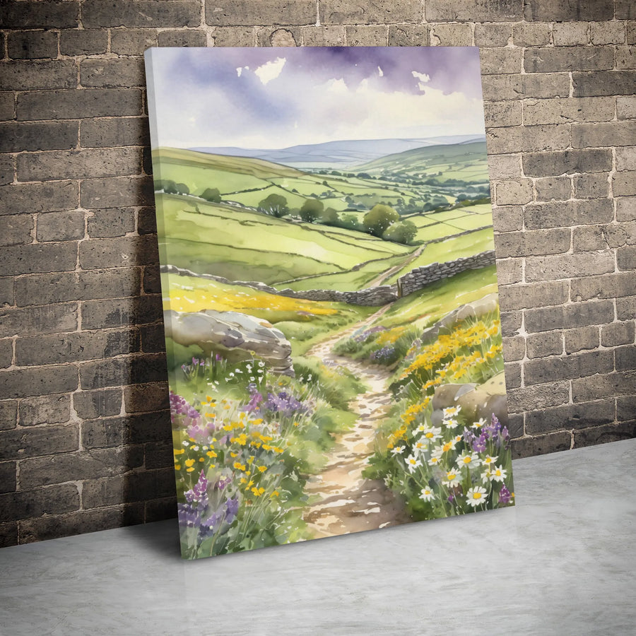 English Countryside Canvas Wall Art | Watercolor Wildflower Landscape | Premium Gallery Wrap Print | Cottagecore Home Decor Gift