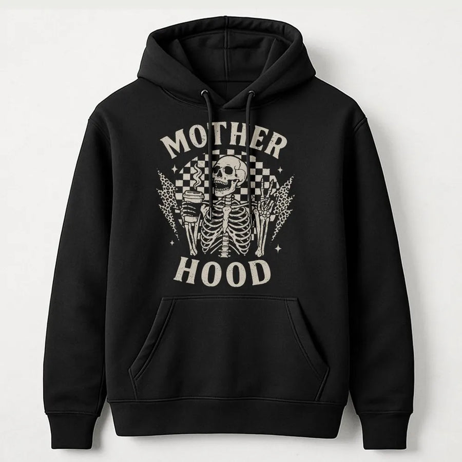 Motherhood Skeleton Hoodie | Funny Coffee & Chaos Graphic | Premium Cotton-Blend Pullover | Edgy Mom Life Gift for Mother's Day