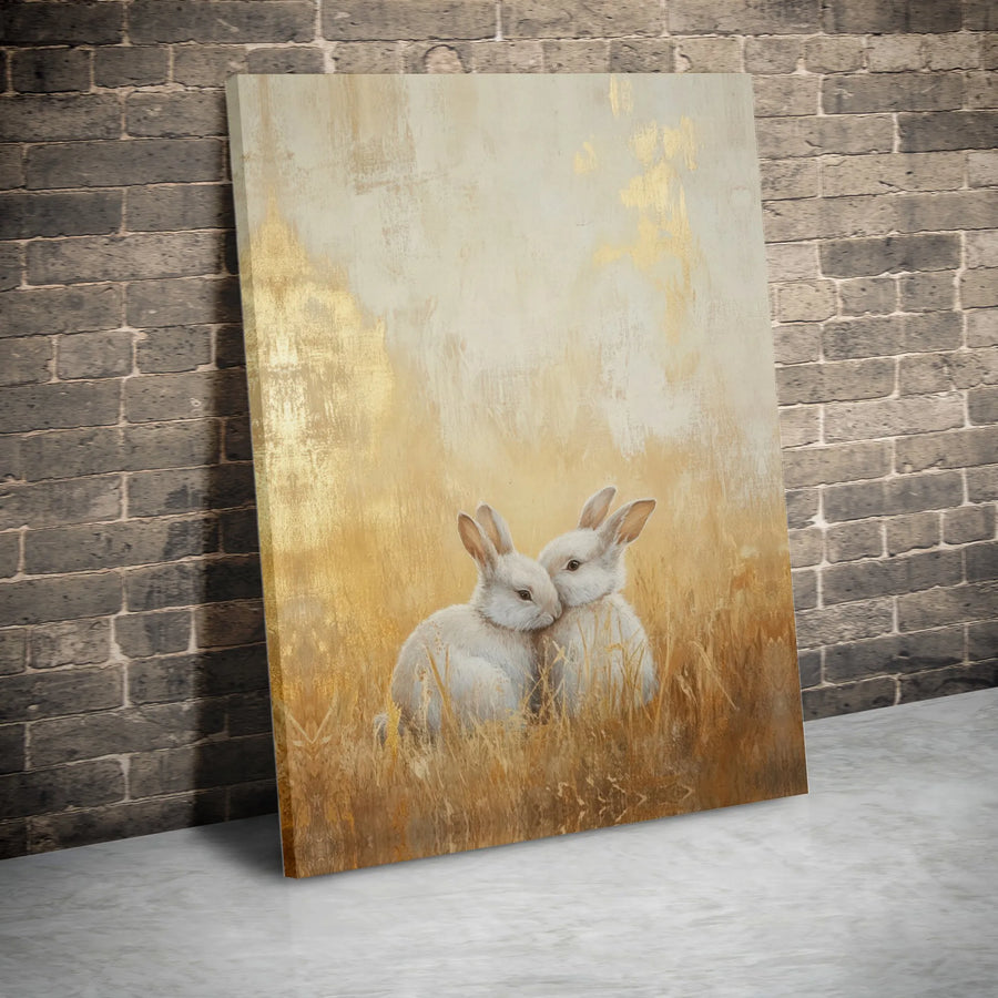 Two White Rabbits Canvas Wall Art | Golden Meadow Aesthetic Decor | Premium Fade-Resistant Gallery Print | Gift for Nature Lovers & Nursery