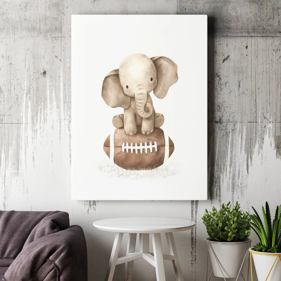 Baby Elephant Nursery Wall Art | Watercolor Football Safari Nursery Decor | Premium Fade-Resistant Canvas | Kids Room Gift Idea