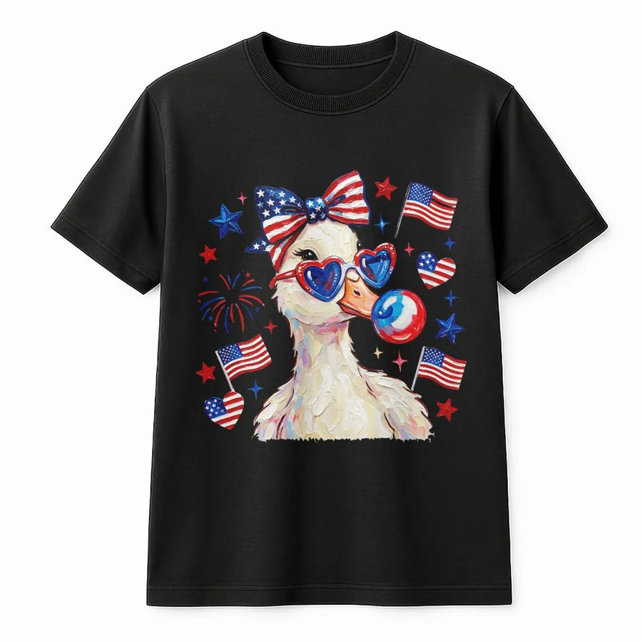 Patriotic Duck T-Shirt | Cute Coquette Americana Graphic | Soft Cotton Blend | 4th of July Party Gift for Her