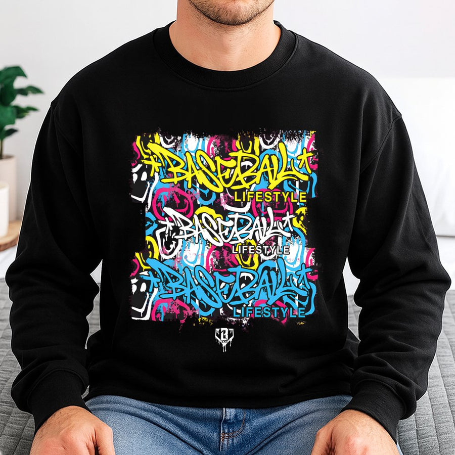Baseball Lifestyle Sweatshirt | Graffiti Smiley Graphic Print | Cotton-Poly Blend Crewneck | Sporty Urban Gift for Baseball Players and Fans