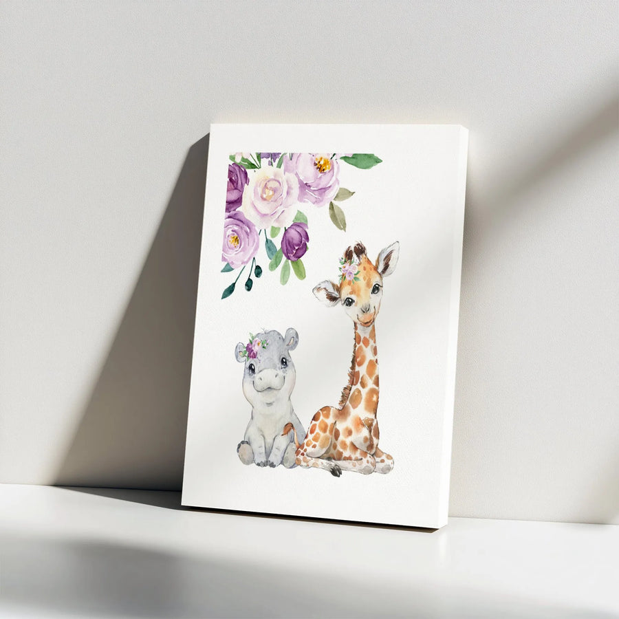 Baby Hippo and Giraffe Canvas Wall Art | Watercolor Safari Nursery Decor | Gallery Wrapped Premium Print | Sweet Animal Gift for Baby Shower