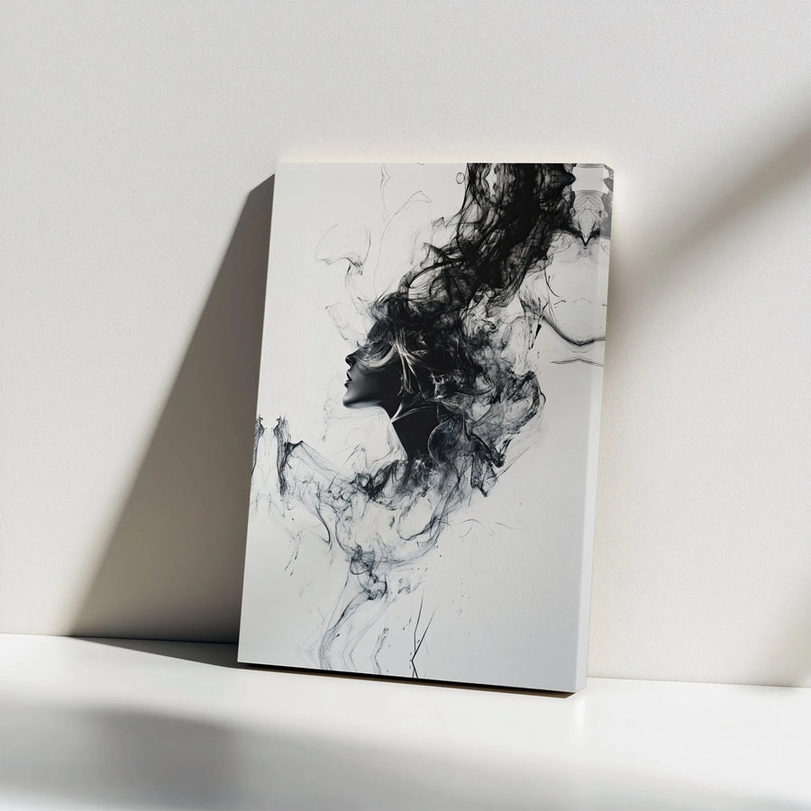 Abstract Woman Canvas Wall Art | Black and White Surreal Smoke Portrait | Premium Thick Gallery Wrap | Modern Minimalist Home Decor Gift