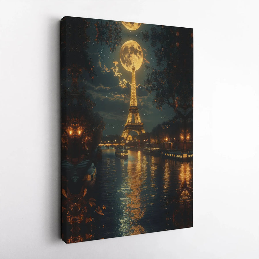 Eiffel Tower Canvas Print | Romantic Full Moon Over Seine River | Gallery Quality Canvas | Paris Lover Gift & Home Decor