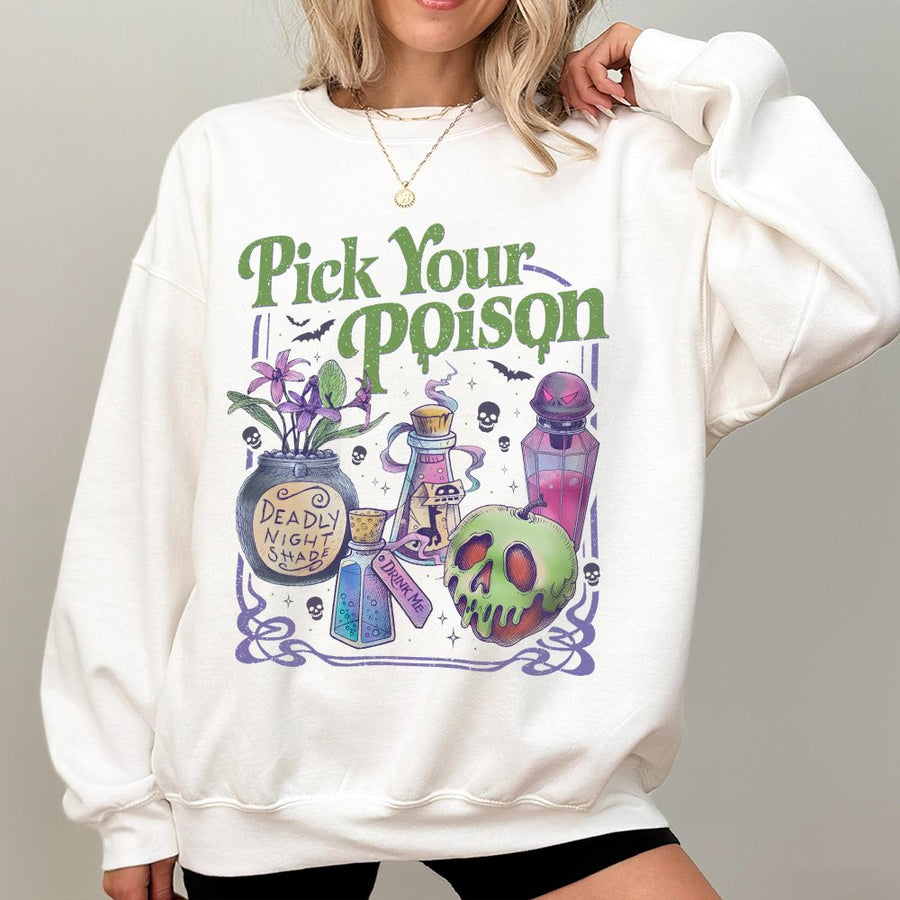 Pick Your Poison Sweatshirt | Vintage Halloween Villain Potion Graphic | Unisex Soft Cotton Blend Crewneck | Spooky Season Gift For Her