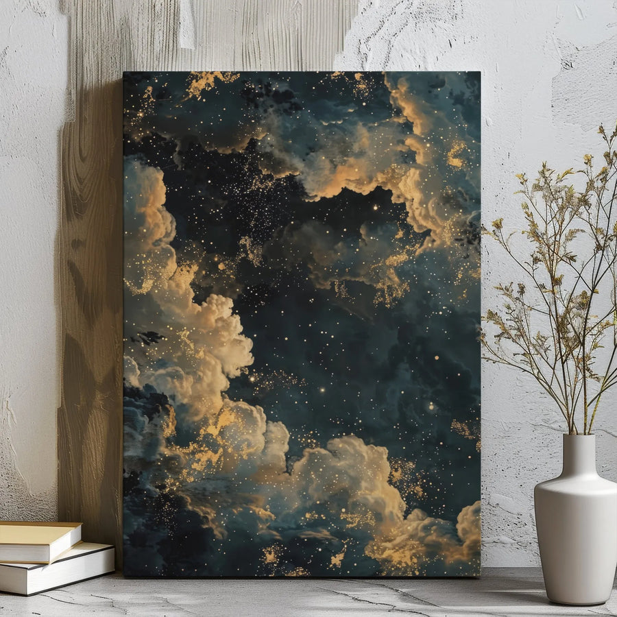 Abstract Night Sky Canvas Print | Golden Celestial Cloud Wall Art | Premium Gallery Wrap Decor | Modern Bedroom & Living Room Gift