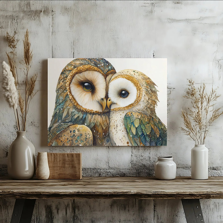 Barn Owl Couple Canvas Wall Art | Whimsical Watercolor Bird Portrait | Premium 1.25 inch Gallery Wrap | Romantic Wildlife Home Decor Gift