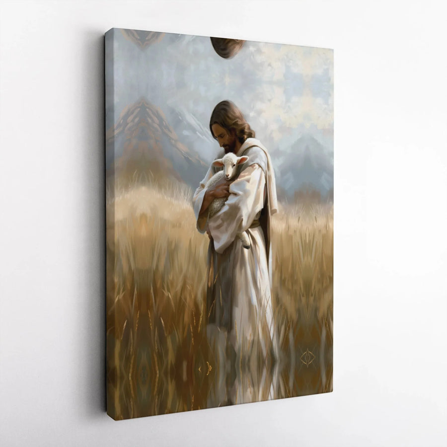 Jesus With Lamb Canvas Wall Art | Shepherd Christ Religious Painting | Premium Fade-Resistant Print | Spiritual Home Decor Gift for Believers