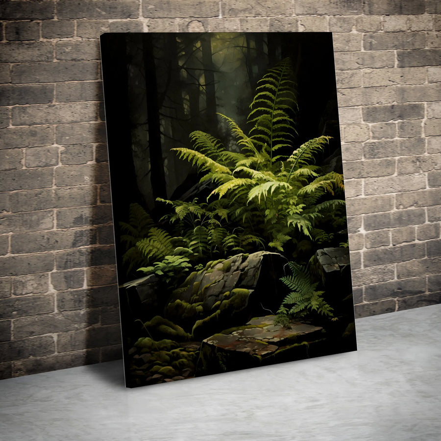 Forest Fern Canvas Wall Art | Moody Dark Forest Scene with Lush Greenery | Premium Gallery Wrapped Print | Nature Lover Gift for Rustic Home Decor