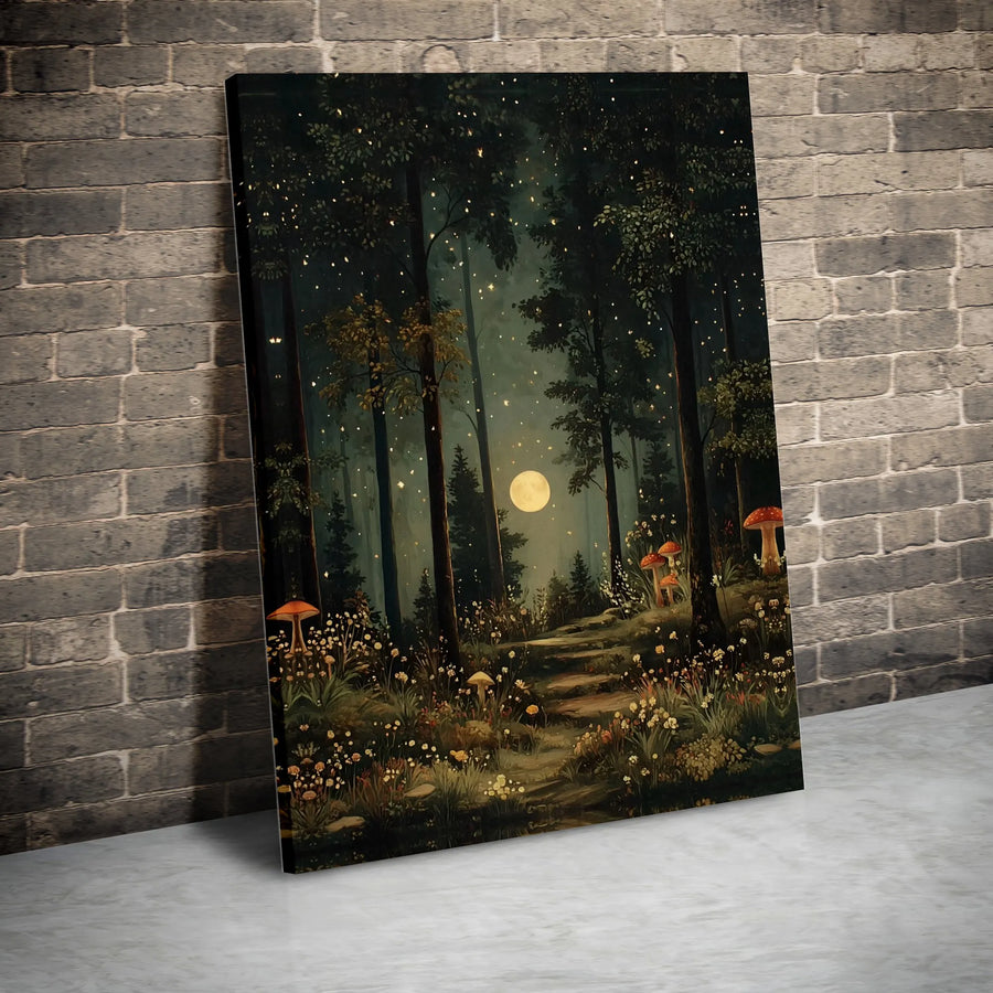 Enchanted Forest Canvas Wall Art | Moonlit Woodland with Fireflies & Mushrooms | Premium Frameless Canvas | Whimsical Nursery Decor Gift