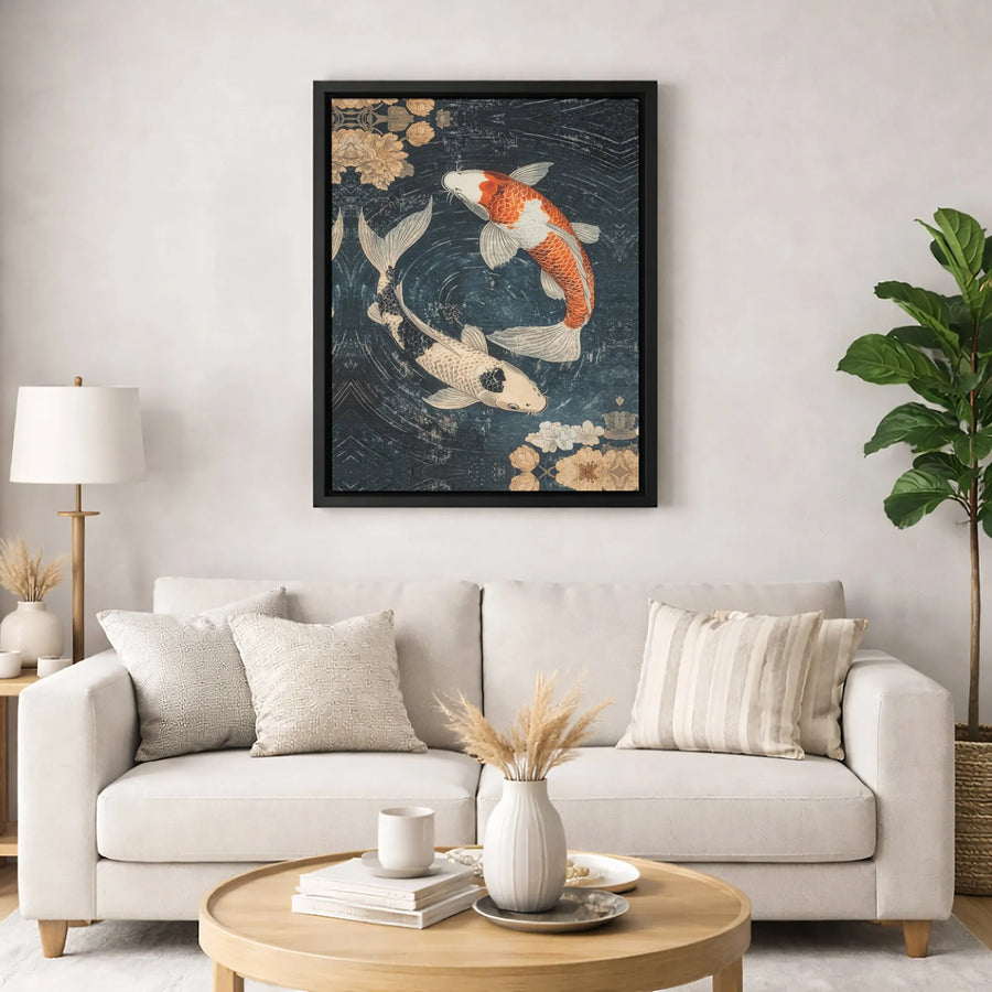 Japanese Koi Fish Canvas Print | Yin Yang Floral Water Art | Gallery-Wrapped Premium Decor | Zen Home Office Wall Art Gift