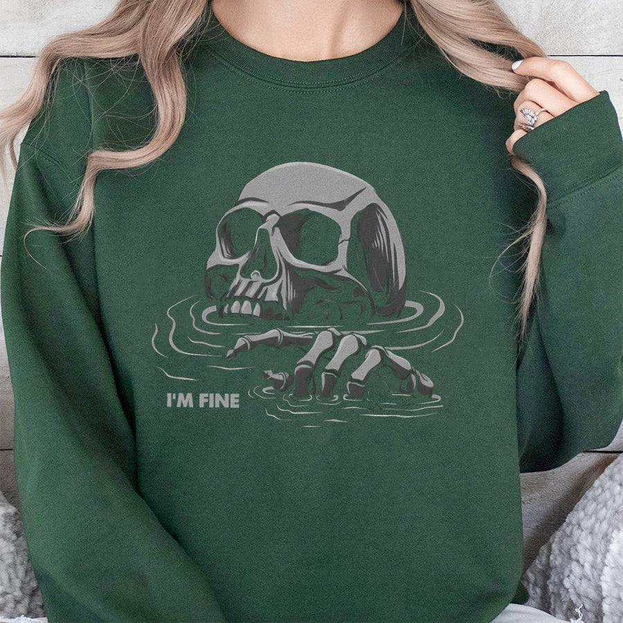 I'm Fine Drowning Skull Sweatshirt | Funny Skeleton Gothic Graphic Print | Premium Soft Cotton Blend | Aesthetic Unisex Gift for Men and Women
