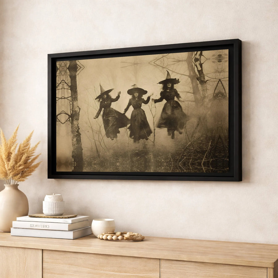 Floating Witches Canvas Print | Spooky Forest Gothic Wall Art | 1.25" Premium Gallery Wrapped Decor | Witchcraft Gift for Dark Academia Aesthetic