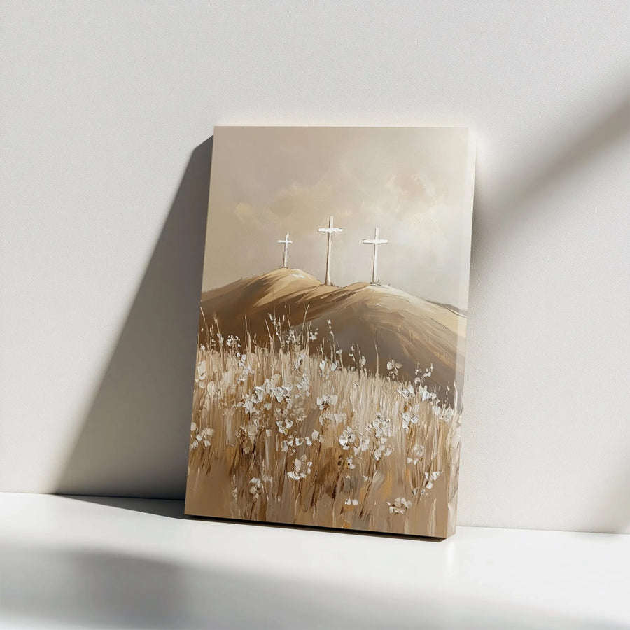 Christian Wall Art Canvas | Three Crosses on Calvary Hill Print | Textured Brushstroke Painting Style | Premium Religious Home Decor Gift