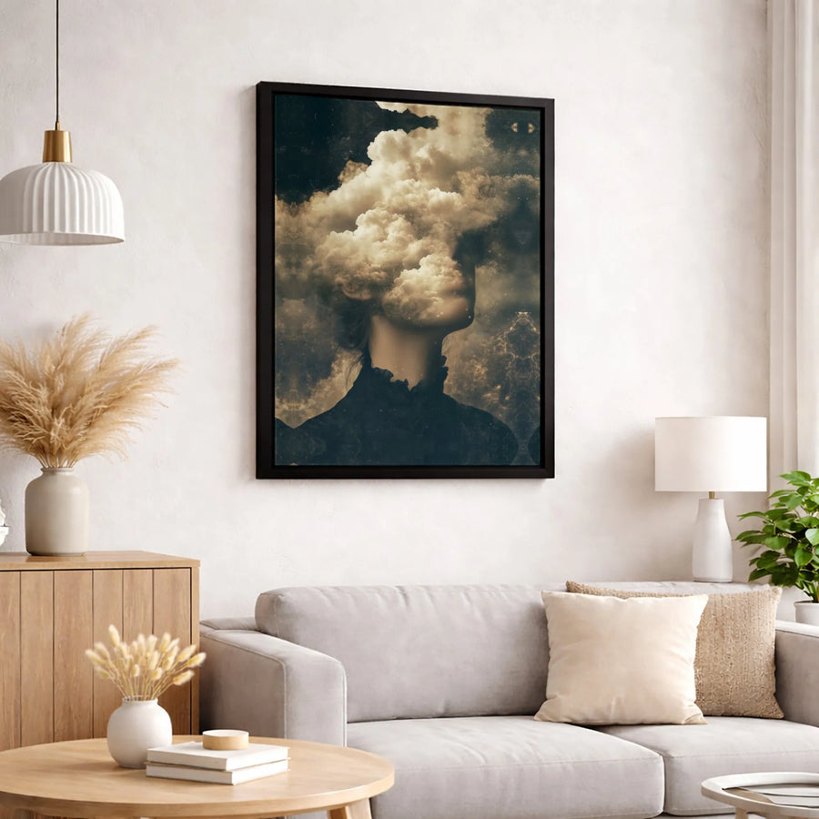 Surreal Woman Head In Clouds Canvas Wall Art | Ethereal Portrait Dark Academia Decor | Premium Gallery Wrap Print | Dreamy Fine Art Gift